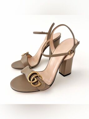 GUCCI || Marmont GG Taupe Tan Leather Sandals Block Heel Ankle Strap EU 37